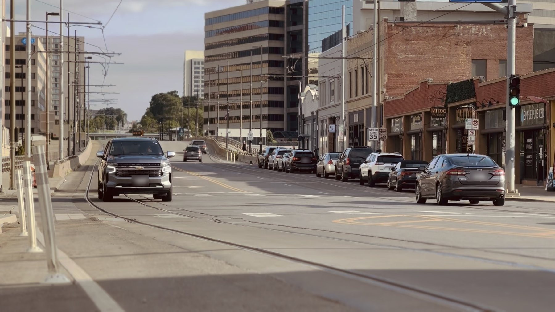 Suburban driving through downtown