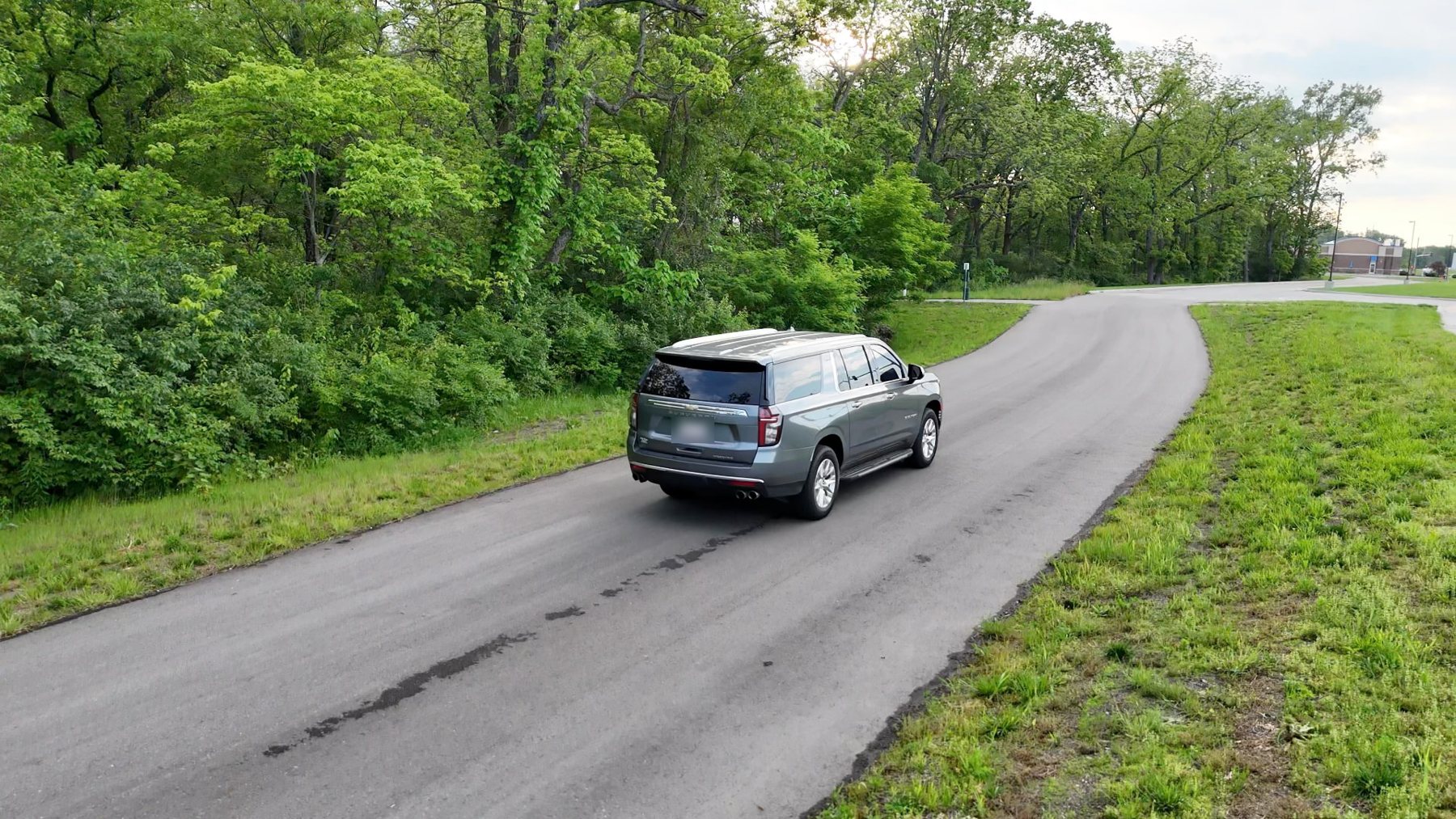Suburban on a tree-lined drive, seen from above