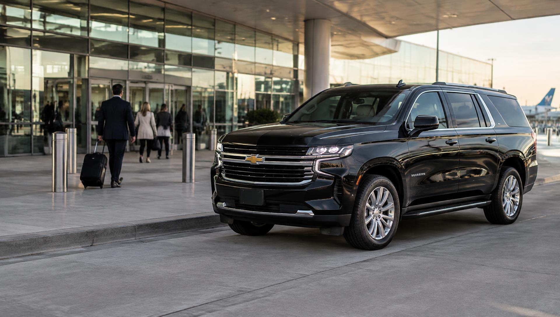 Black Chevrolet Suburban at an airport terminal